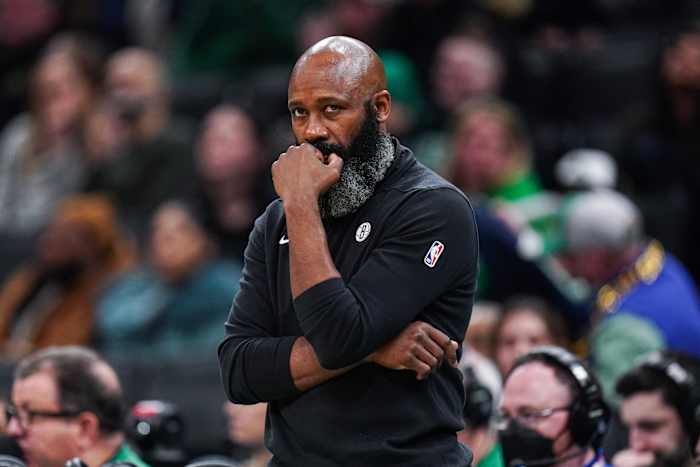 Brooklyn Nets head coach Jacque Vaughn watches from the sideline at they take on the Boston Celtics at TD Garden.